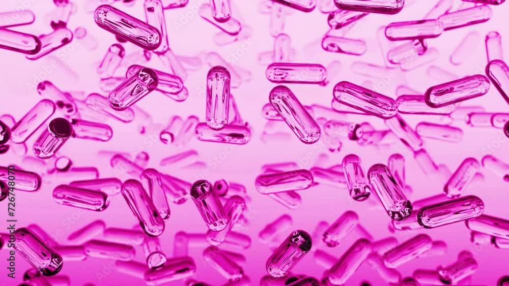 Glass transparent capsules moving down on a pink background. Tablet pills capsules float slowly in slow motion. 3d Loop Animation, 4K Glass transparent capsules moving down on a pink background. Tablet pills capsules float slowly in slow motion. 3d Loop Animation, 4K