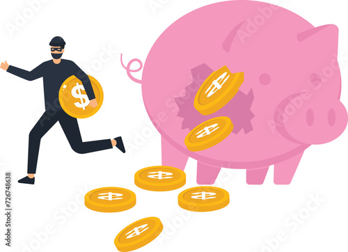 Financial crime and stealing money, investment risk or banking security, Man with black mask bandit costume or thief stealing or carrying dollar coin from piggy bank concept,
