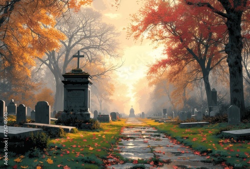 A foggy autumn day casts a melancholic aura over the outdoor cemetery, where a solitary tree stands guard over the stone path leading to a cross, surrounded by gravestones and a building in the dista