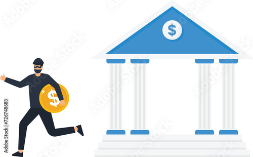 Financial crime and stealing money, investment risk or banking security, Man with black mask bandit costume or thief stealing or carrying dollar coin from piggy bank concept,
