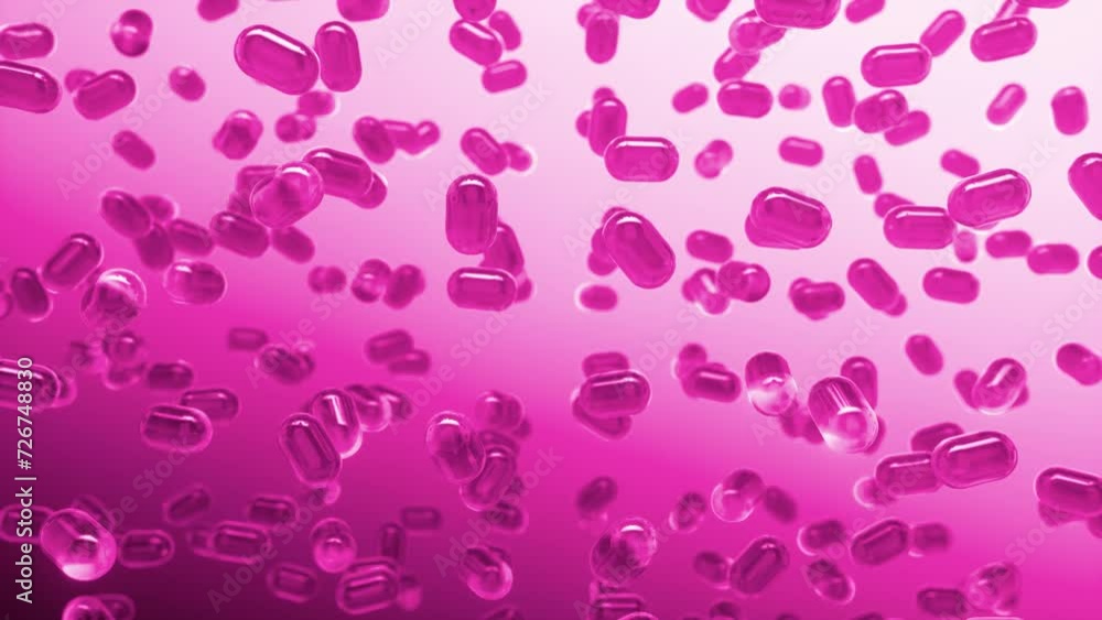 Glass transparent capsules moving down on a pink background. Tablet pills capsules float slowly in slow motion. 3d Loop Animation, 4K Glass transparent capsules moving down on a pink background. Tablet pills capsules float slowly in slow motion. 3d Loop Animation, 4K
