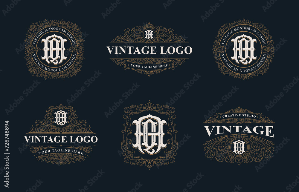 Obraz premium Victorian style monogram with initial AQ or QA. Templates set designs. Can be applied on stationery, invitations, signage, packaging, or even as a branding element and etc