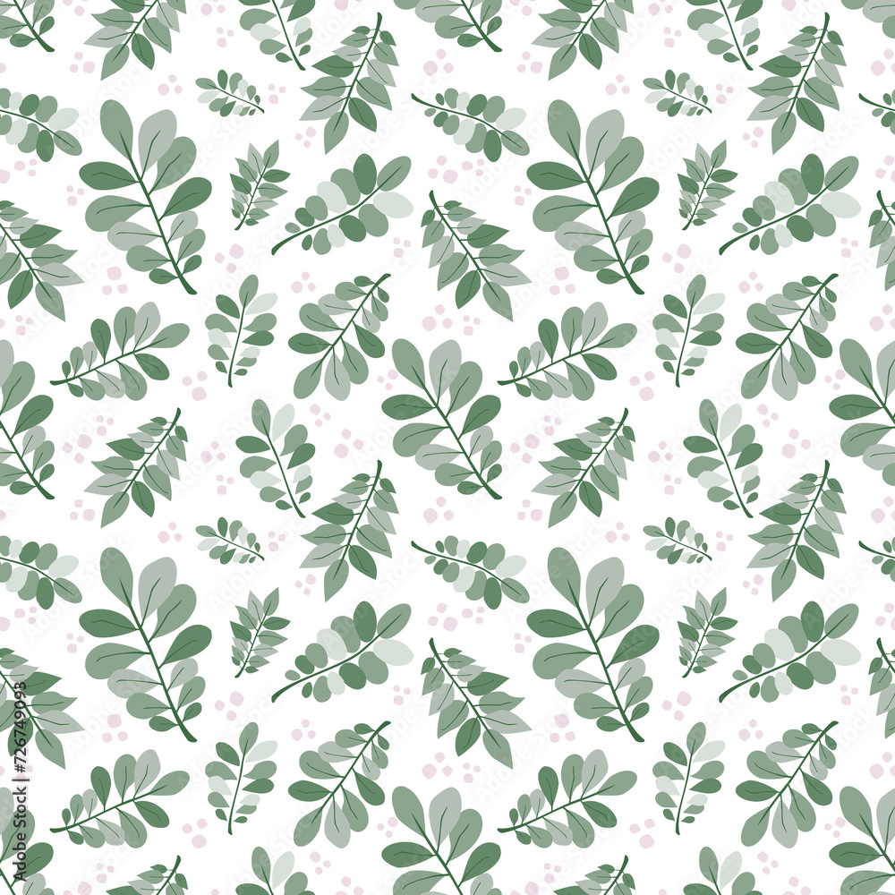 Green branches with leaves on white backdrop seamless pattern. Creative art texture for printing on various surfaces (textile, wrapping, packages, apparel, homeware) or use in graphic design.