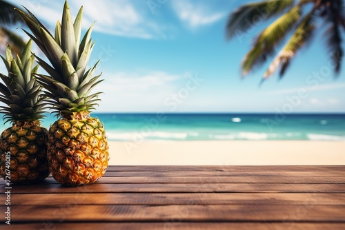 two pineapples on wooden table top with summer seashore on background