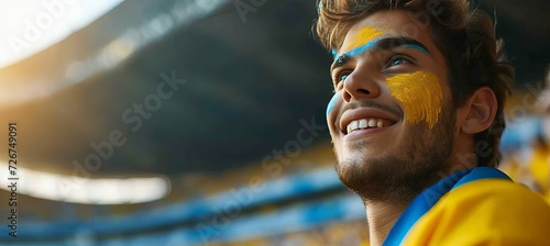 Brazilian man with flag painted face at sports event, blurry stadium background with text space