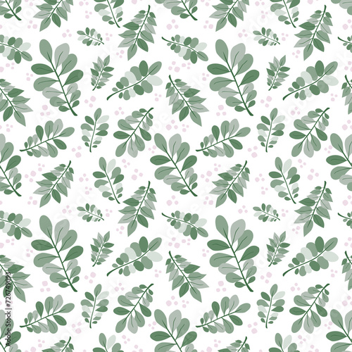 Green branches with leaves on white backdrop seamless pattern. Creative art texture for printing on various surfaces  textile  wrapping  packages  apparel  homeware  or use in graphic design.