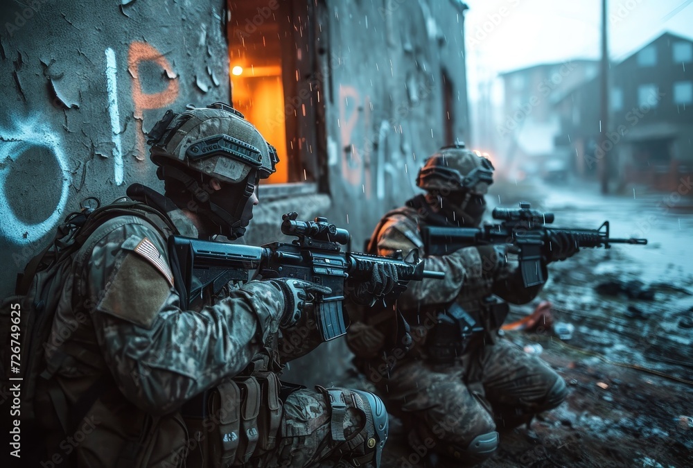 A fierce group of soldiers, armed with a variety of weapons such as rifles, machine guns, and sniper rifles, stand ready for combat in their military uniforms and helmets, showcasing the intense viol - obrazy, fototapety, plakaty 