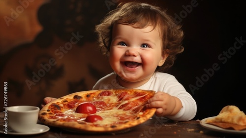 small child eats pizza. happy kid and fast food. delicious Italian pastries. pizza day. baby smiles