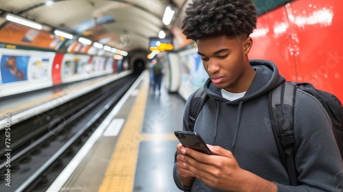 Young african american man standing on train station platform, engrossed in mobile phone usage