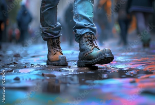 A stylish individual braves the rain in their boots, their denim jeans reflecting the wet street below