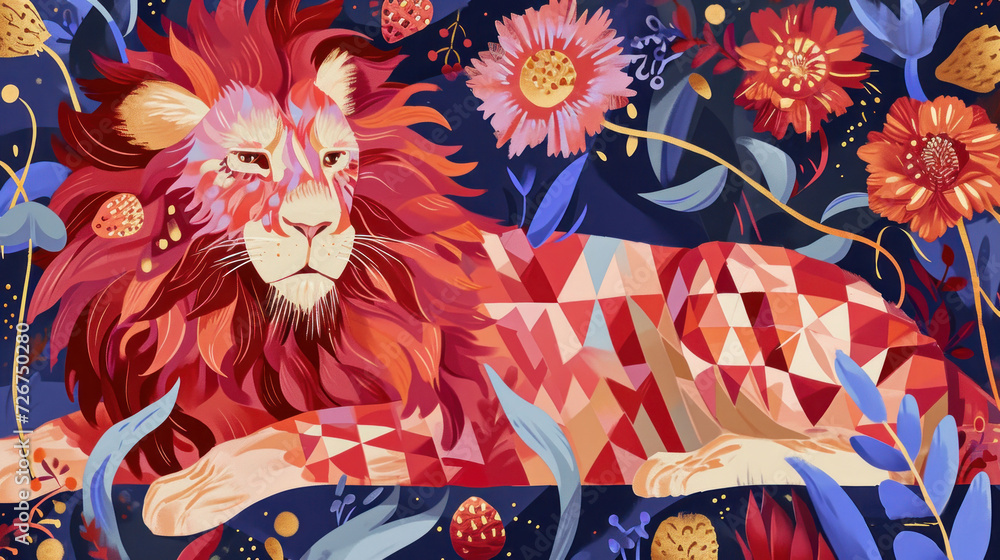 a painting of a lion laying on top of a lush green field with lots of flowers on either side of it. a painting of a lion laying on top of a lush green field with lots of flowers on either side of it.