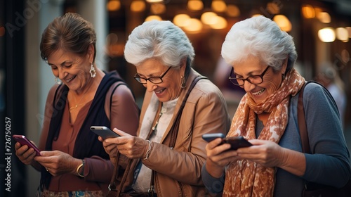 Friends on Bench: Three Elderly Ladies Watching Videos photo