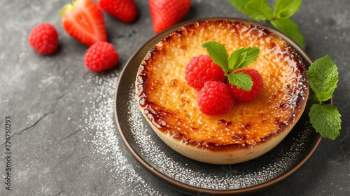 French creme brulee dessert with caramelized burnt cream, served at a charming restaurant