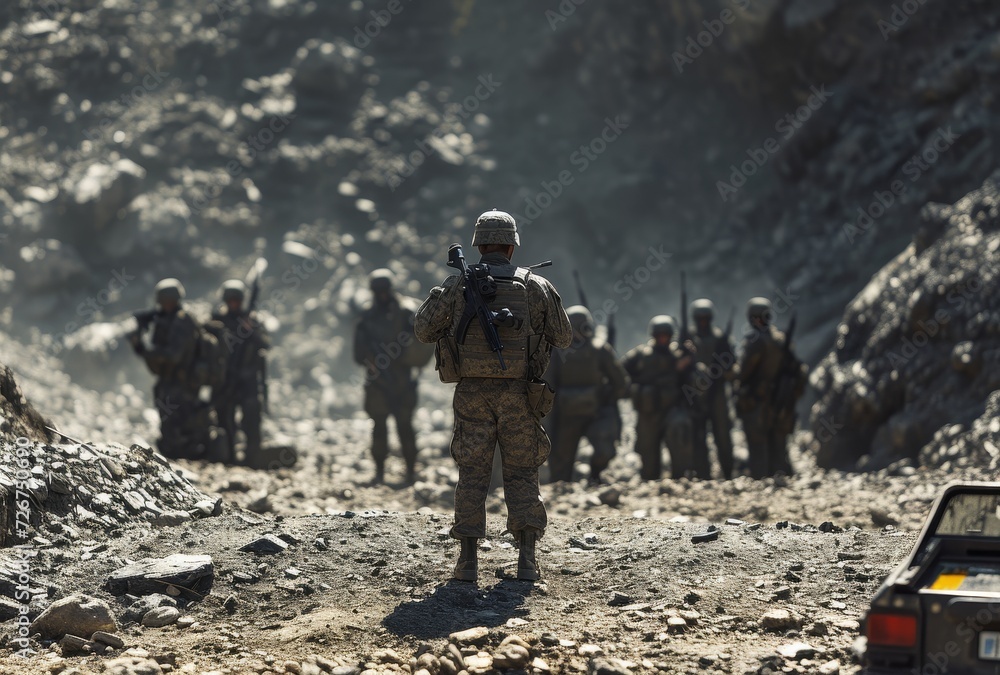 A unit of soldiers traverses the rugged terrain in their military vehicle, ready to defend their land and protect their country A unit of soldiers traverses the rugged terrain in their military vehicle, ready to defend their land and protect their country