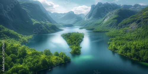 "Nature's Majesty Unveiled: A Breathtaking View of Lush Green Valleys and Serene Lake Amidst Towering Mountains, Generative AI