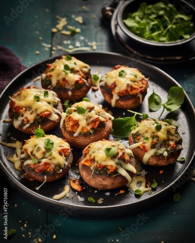  a plate of stuffed mushrooms with cheese and spinach sprinkled on top of a wooden table next to a bowl of greens.