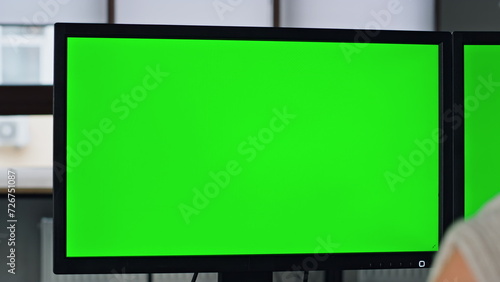 It specialist using chroma key computer screen closeup. Designer creating mockup