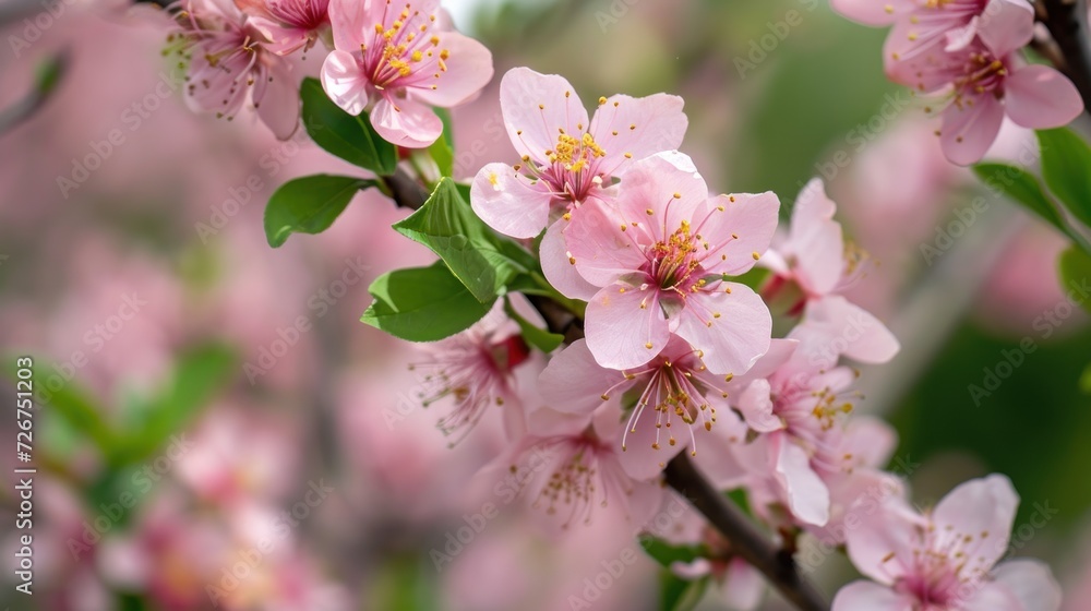 a close up of some pink flowers on a tree branch with green leaves and a blue sky in the background. a close up of some pink flowers on a tree branch with green leaves and a blue sky in the background.