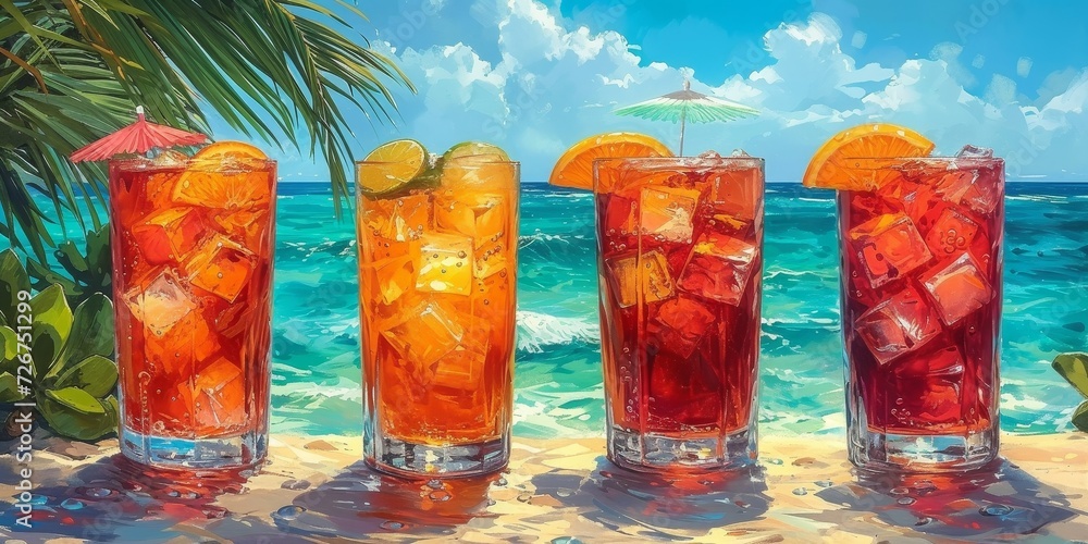 A colorful painting of refreshing soft drinks and cocktails adorning a sun-kissed beach, inviting you to indulge in the outdoor paradise while sipping on juicy orange juice and crisp water - obrazy, fototapety, plakaty 