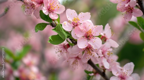  a close up of some pink flowers on a tree branch with green leaves and a blue sky in the background.