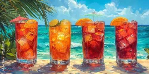 A colorful painting of refreshing soft drinks and cocktails adorning a sun-kissed beach, inviting you to indulge in the outdoor paradise while sipping on juicy orange juice and crisp water