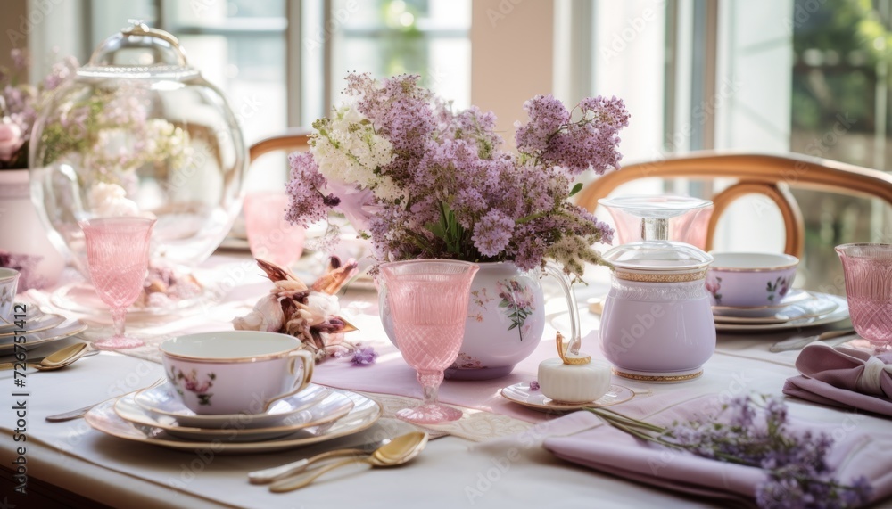 a table set for a tea party with a vase of flowers in the center of the table and a tea pot on the side of the table. a table set for a tea party with a vase of flowers in the center of the table and a tea pot on the side of the table.