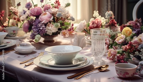  a table topped with a white plate covered in flowers next to a vase filled with pink and purple flowers on top of a white cloth covered table.
