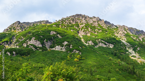 Polish Tatra Mountains, high mountain hiking trail leading to mountain peaks, mountain landscape with valleys and slopes, view on a sunny summer day.