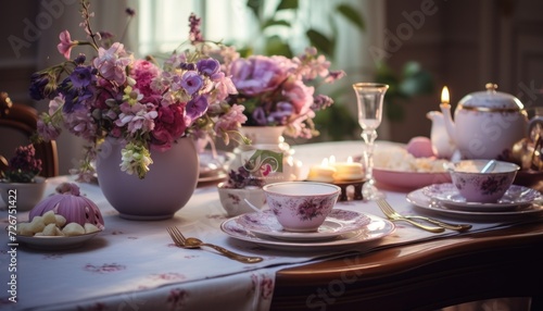  a table set for a tea party with tea cups, saucers, plates, and a vase of flowers.