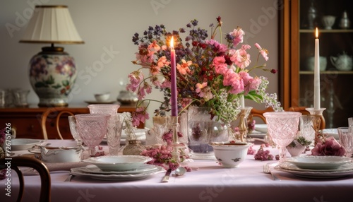  a table topped with a vase filled with flowers next to a table covered with plates and cups and saucers.