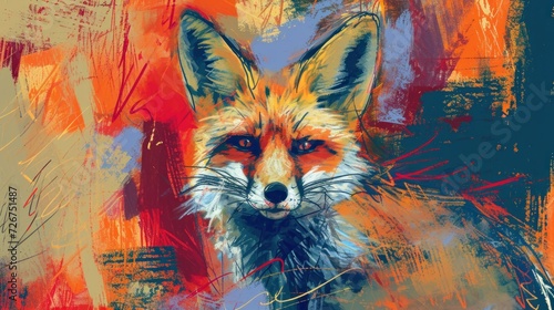  a close up of a painting of a fox with orange and blue paint on it's face and chest.