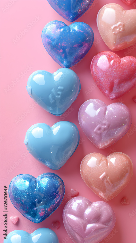 Valentine's Day background with 3D hearts in candy pastel colors on a pink background, perfect for design and celebration.