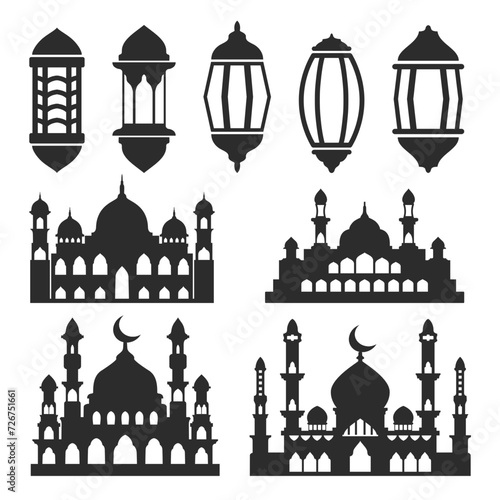 Set of lanterns and mosques for Ramadan celebration theme design decoration, black silhouette illustration vector