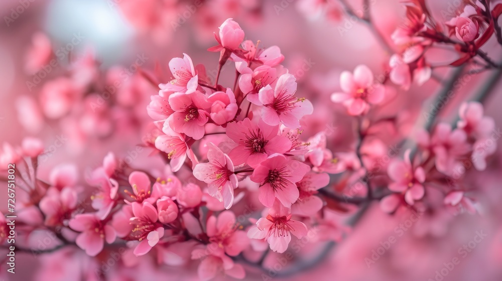 a close up of a bunch of pink flowers on a branch with a blurry background in the foreground. a close up of a bunch of pink flowers on a branch with a blurry background in the foreground.