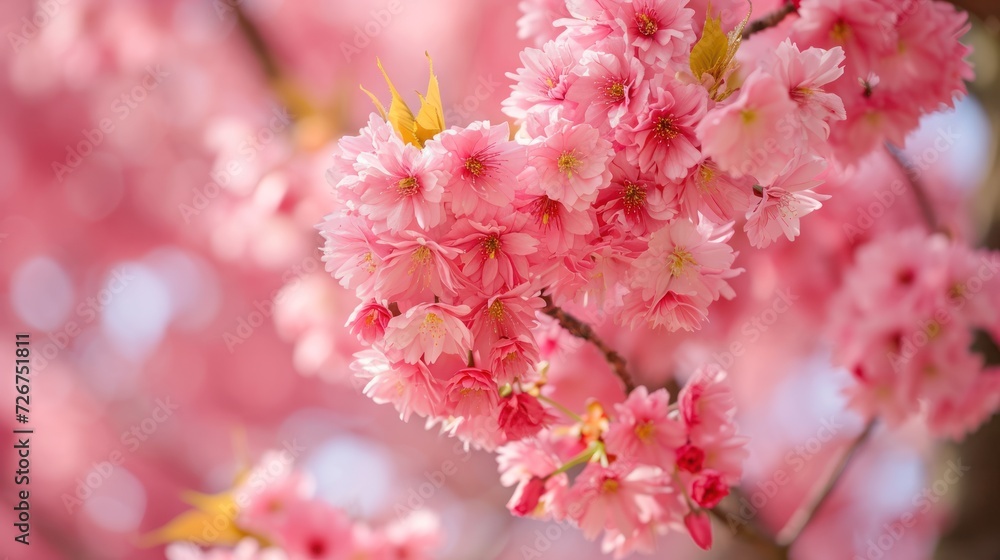 pink flowers blooming on a tree branch in the sun, with a blurry background of blue sky and white clouds. pink flowers blooming on a tree branch in the sun, with a blurry background of blue sky and white clouds.