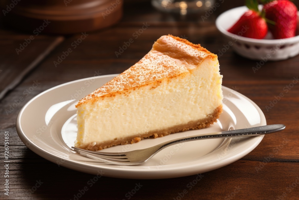 Classic New York Style Cheesecake Slice on Wooden Plate. Delicious Sweet Cheese Cake Pie Served Classic New York Style Cheesecake Slice on Wooden Plate. Delicious Sweet Cheese Cake Pie Served