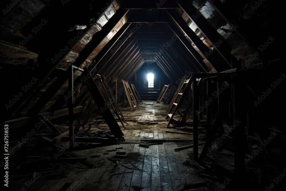 Creepy Attic: An Abandoned and Haunted Space with Dark Decaying Corridors and Ancient Mysterious
