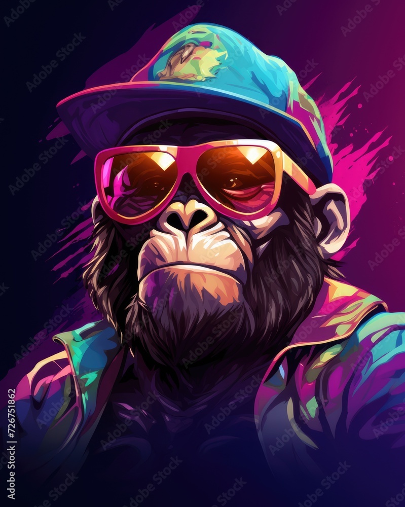 Cool Gangsta Monkey Gorilla Rapper in Sunglasses - Sketch Art Generated by AI. Fashionable Cartoon