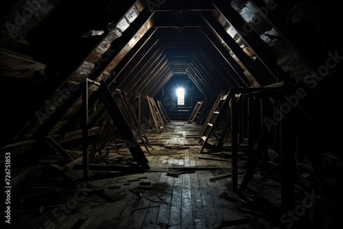 Creepy Attic: An Abandoned and Haunted Space with Dark Decaying Corridors and Ancient Mysterious © Web