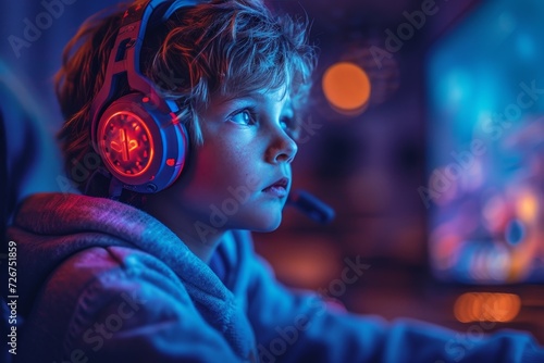 Captured in the soft glow of indoor light, a young performer's passion radiates through their human face adorned with headphones and microphone, showcasing their love for music and self-expression photo