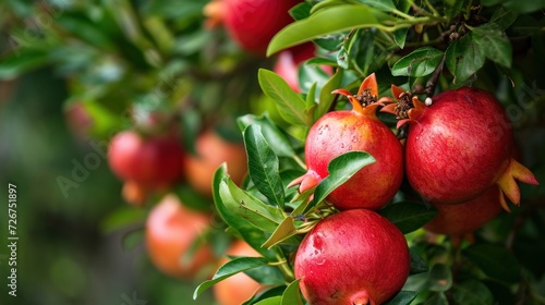  a bunch of ripe pomegranates hanging from a tree with green leaves and oranges in the background.