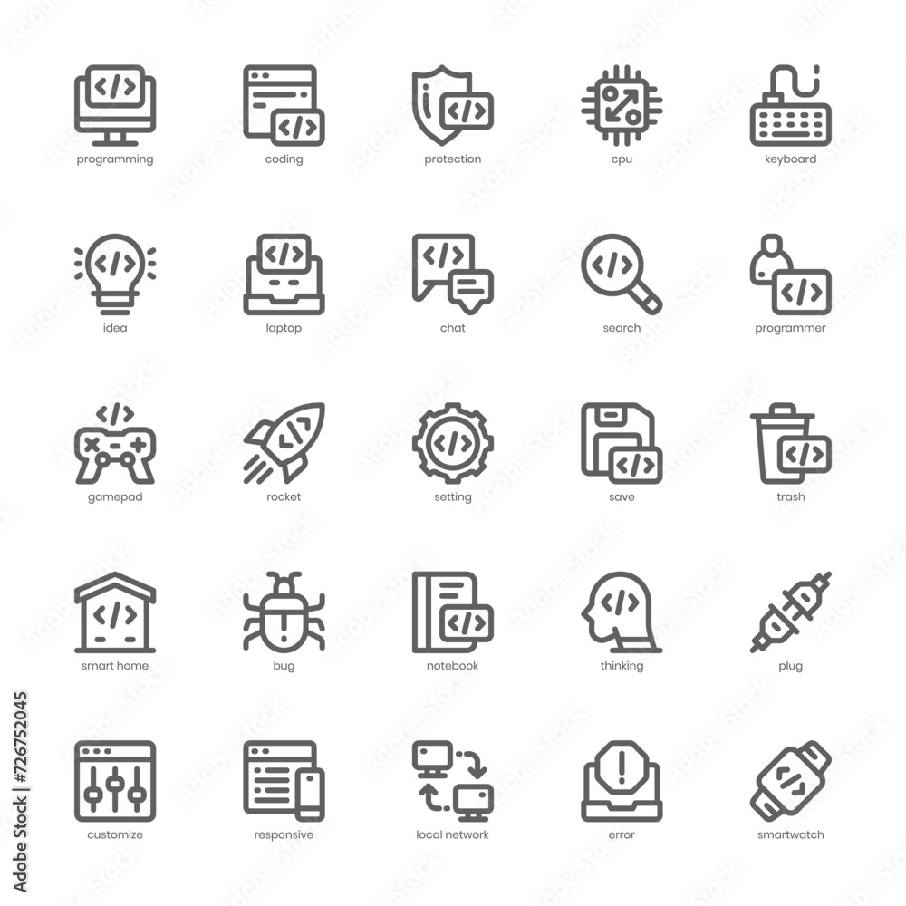 Programming and Coding icon pack for your website, mobile, presentation, and logo design. Programming and Coding icon outline design. Vector graphics illustration and editable stroke.