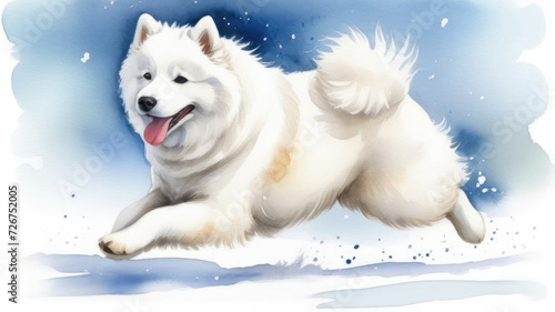 Picture of portrait of dog Samoyed breed, white color pet runs with his tongue hanging out along path in winter forest, isolated on blurred watercolor background, space for text, art postcard © Сергей Мельников