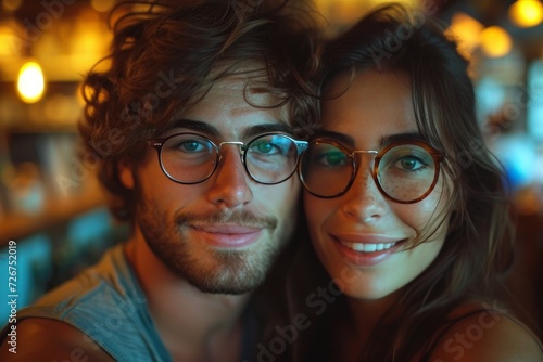 A stylish couple captures a happy moment, showing off their cool eyewear and beaming smiles in a playful indoor selfie