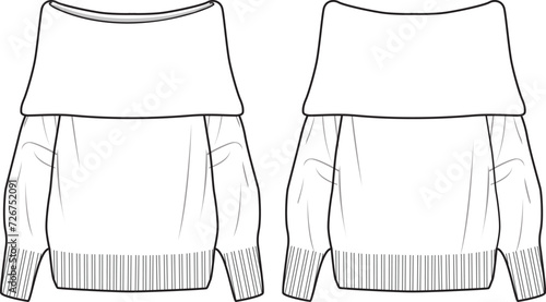 Women's Off The Shoulder Jumper. Technical fashion illustration. Front and back, white color. Women's CAD mock-up.