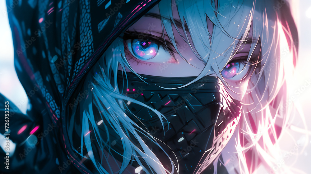 Fototapeta premium Menacing cyberpunk anime character, fierce warrior in a gritty urban cyberpunk setting with heavy rain.