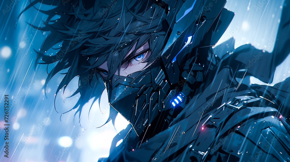 Obraz premium Menacing cyberpunk anime character, fierce warrior in a gritty urban cyberpunk setting with heavy rain.