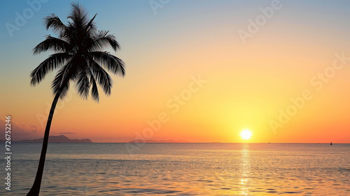 the sun is setting over the ocean with a palm tree in the foreground and a boat in the distance.
