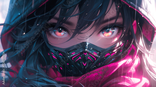 Menacing cyberpunk anime character, fierce warrior in a gritty urban cyberpunk setting with heavy rain.