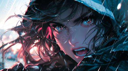 Menacing cyberpunk anime character, fierce warrior in a gritty urban cyberpunk setting with heavy rain.